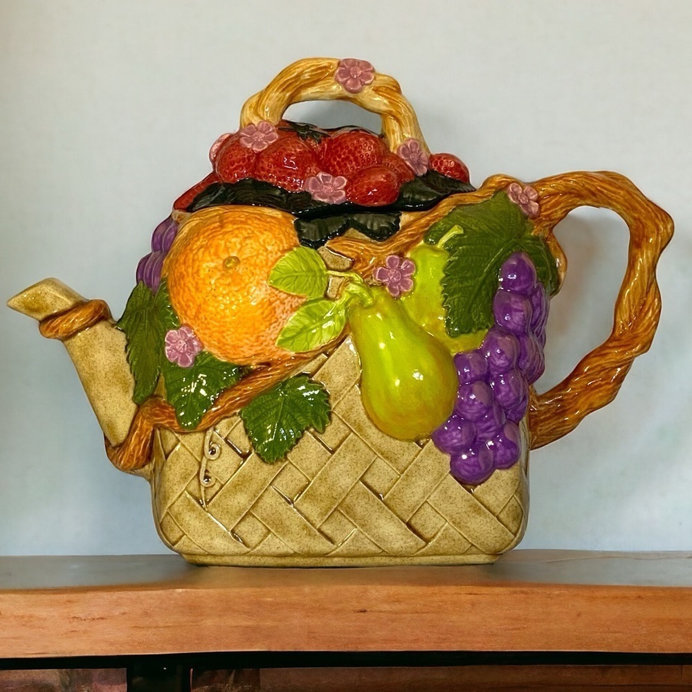 Vintage Large Hand Crafted Teapot Fruit Lattice Basket Artisanal Ceramic 1994